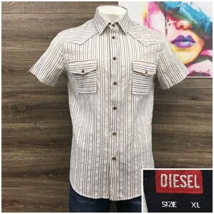 Diesel Mens Y2K XL Short Sleeve Western Stripe Button Up Shirt Brown Blue White
